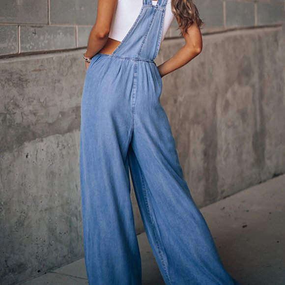 Stylish Wide Leg Medium Blue Denim Overalls/ Jumpsuits (S-2XL) - Picture 4 of 8